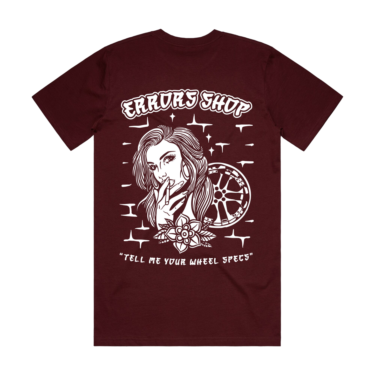 "TELL ME YOUR WHEELSPECS" Maroon tee