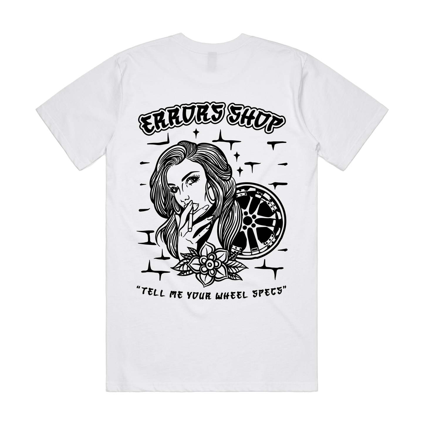 "TELL ME YOUR WHEELSPECS" White Tee